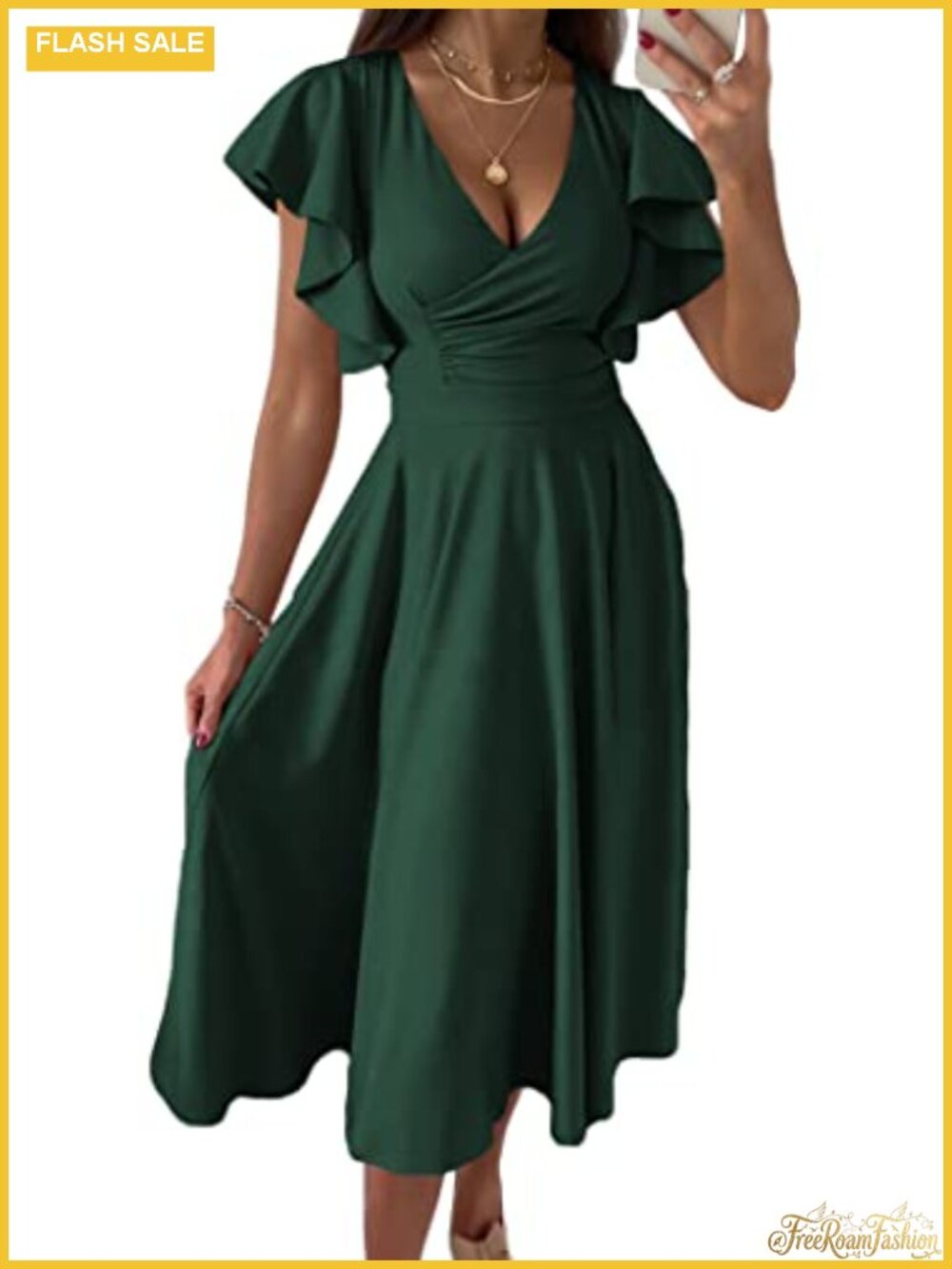 Wrap V Neck Midi Summer Dress Fit Flare Ruffle Cap Sleeve